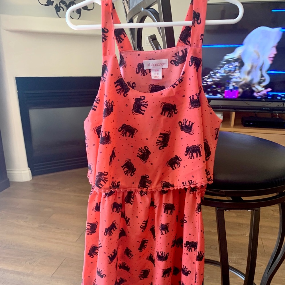 Girls Coral Dress w/Navy Elephants